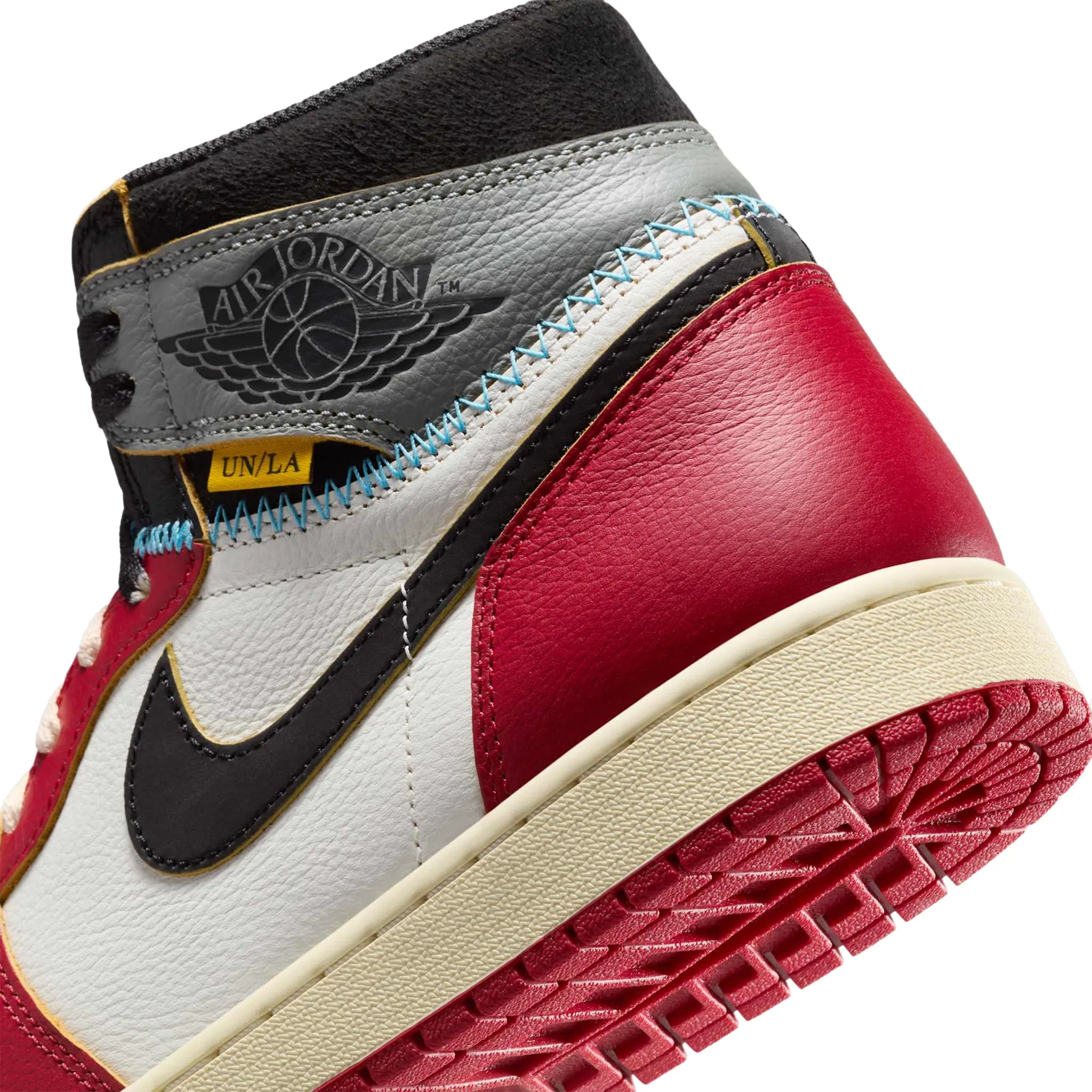 Heel view of Union LA x Air Jordan 1 Retro High OG SP Chicago Shadow HV8563-600